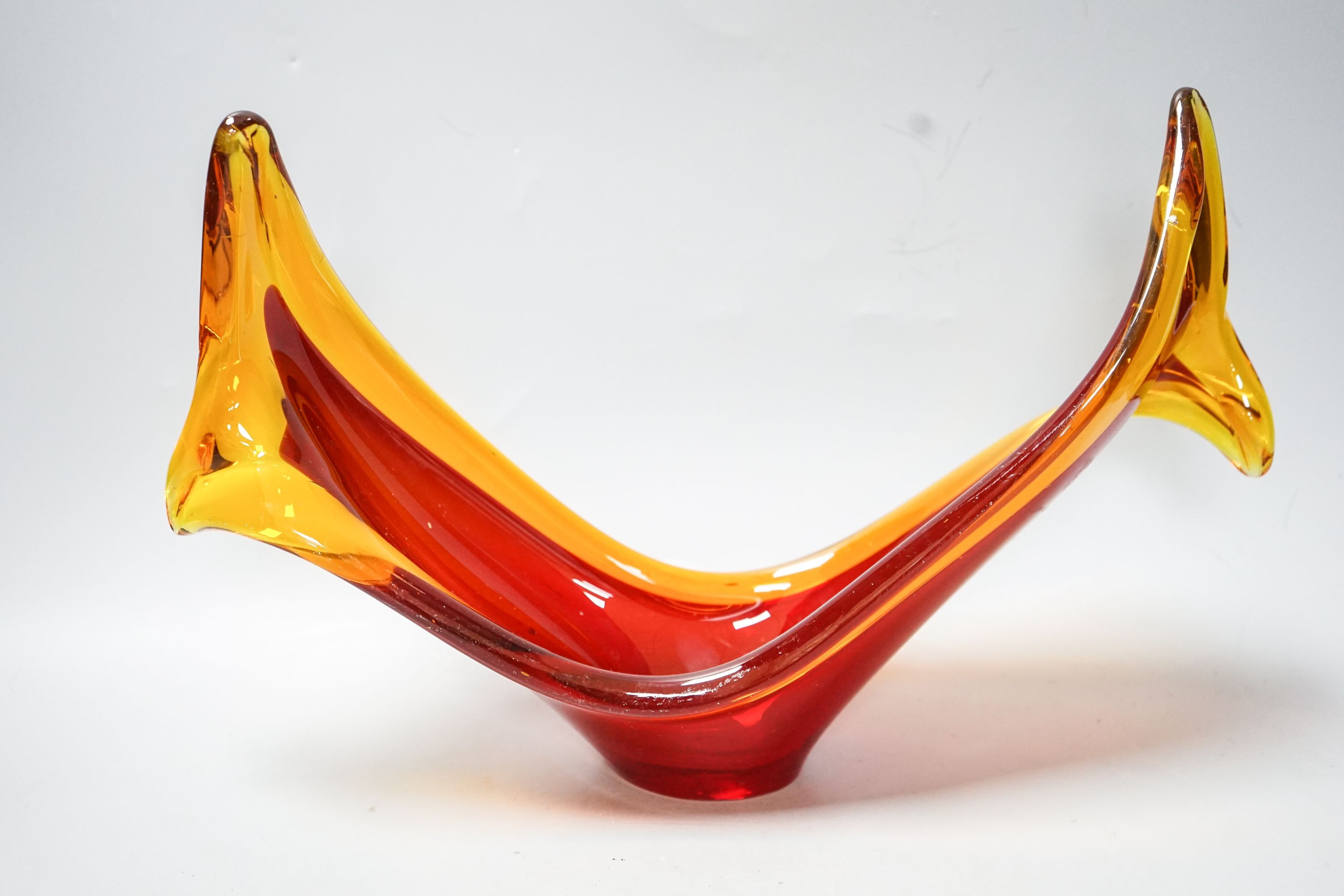 Two Poole bowls and a 1970's coloured glass vase 38cm